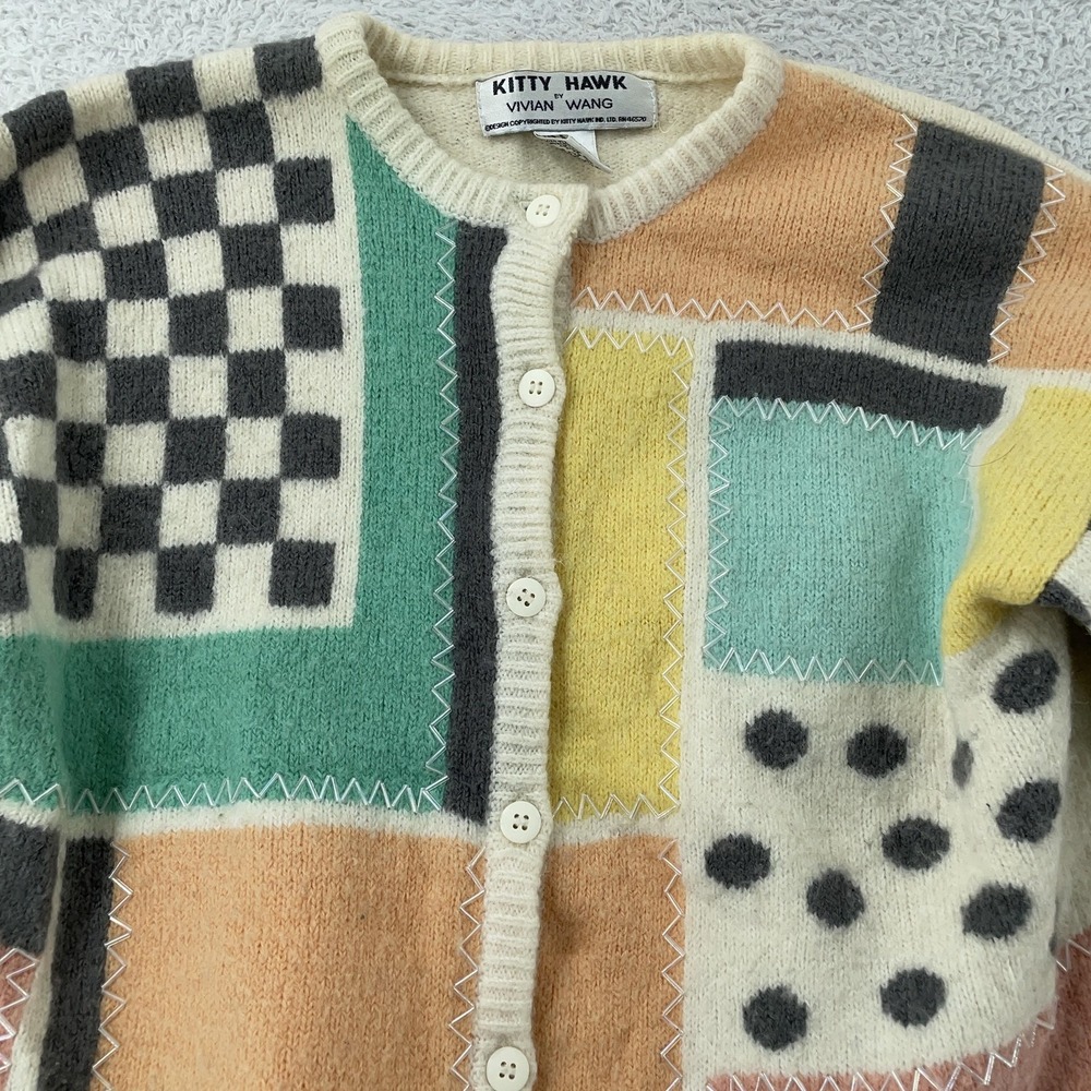Vtg Kitty Hawk by Vivian Wang Cardigan Sweater Womens M CROP FIT Patchwork‎ 90s - Picture 2 of 7